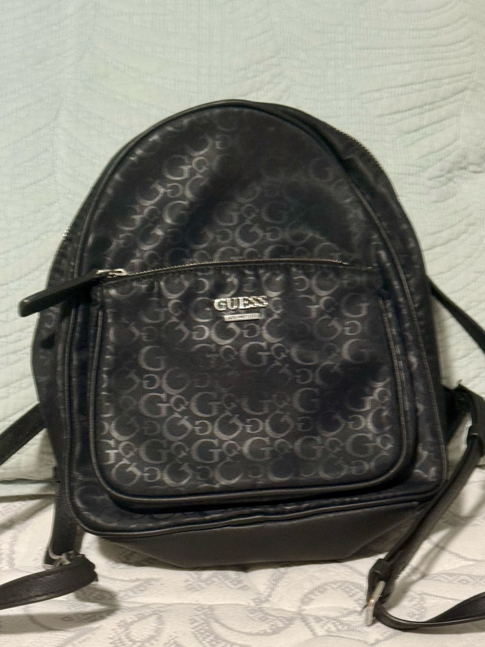 Guess Black Monogram Logo Mini Backpack, NWOT. Faux-leather and silver hardware.